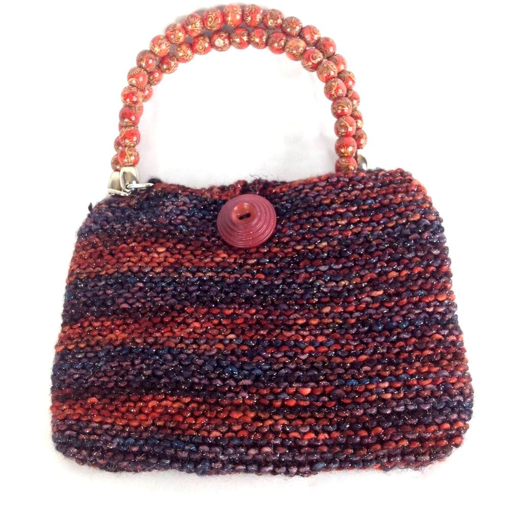 Vintage Beaded Woven Striped Paisley Handle Purse Hand Bag
